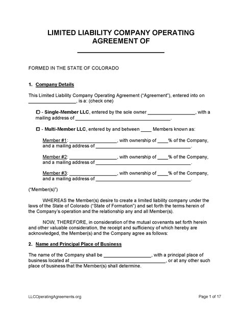 Colorado LLC Operating Agreement Capital Contributions