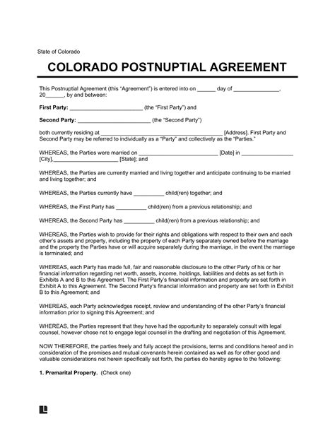 Colorado Postnuptial Agreement Template