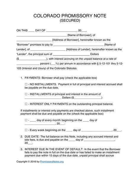 Colorado Promissory Note Template Example