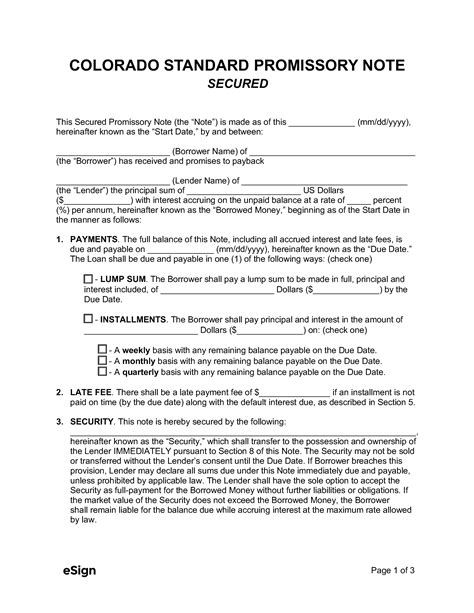 Colorado Promissory Note Template Example