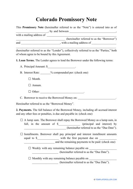 Colorado Promissory Note Template Fillable