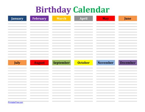 Colorful Birthday Calendar Template