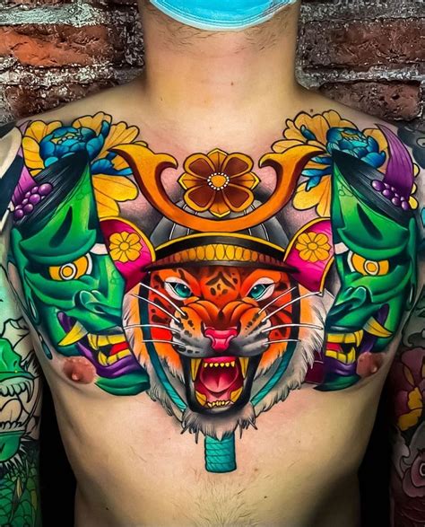 Colorful chest tattoos