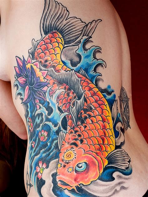 Colorful koi carp tattoo featuring bright, vibrant colors and bold lines