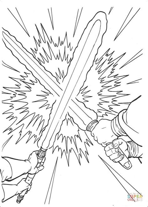 A lightsaber coloring page featuring a duel between two Jedi