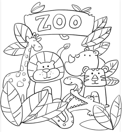 Coloring page featuring a zoo scene with various animals