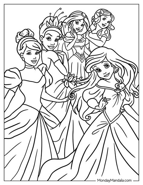 Variety of coloring pages featuring different princesses