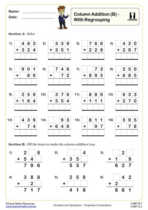 column addition worksheets for kids