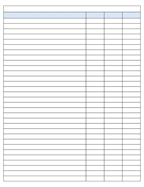 Blank 3 Column Chart with Lines Printable Template