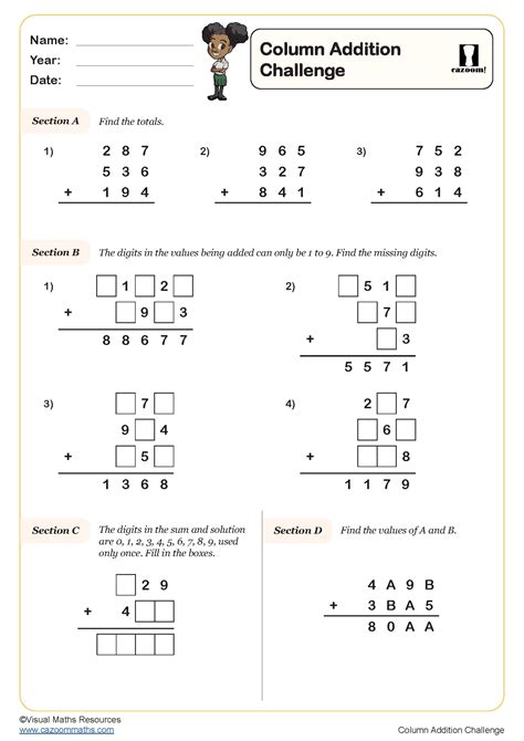 column math challenge worksheets for kids