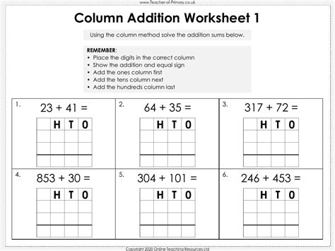 column math review worksheets for kids