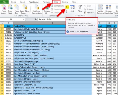 Sorting a Column in Excel