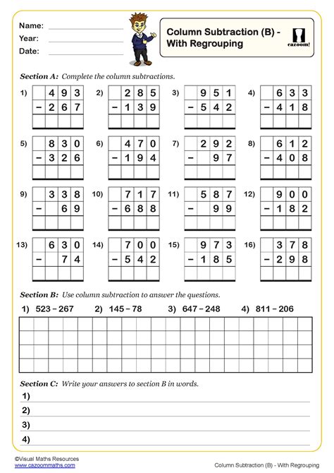 column subtraction worksheets for kids