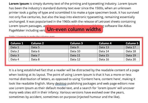 Column widths in PDF