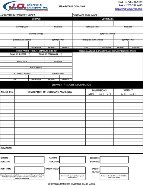 A screenshot of a commercial Bill of Lading template