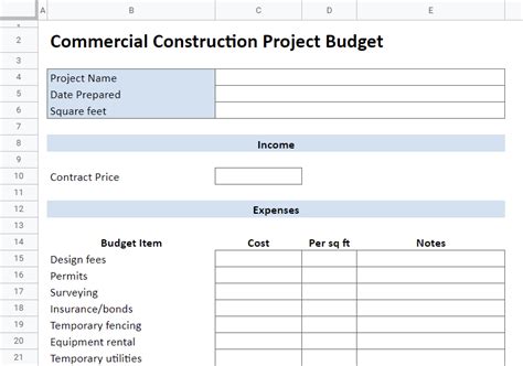 Commercial Construction Budget Template