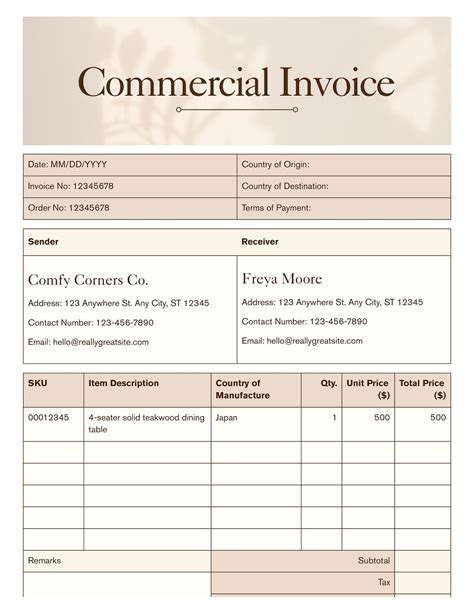 Commercial Invoice Template Example