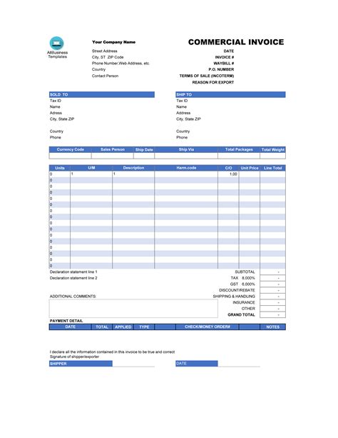 Commercial Invoice Template Download