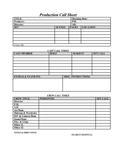 Commercial Production Call Sheet