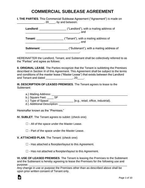 Commercial Sublease Agreement Template