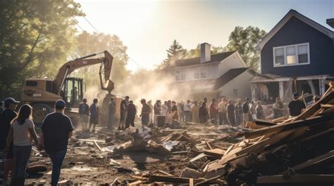 A group of people participating in a community rebuilding effort