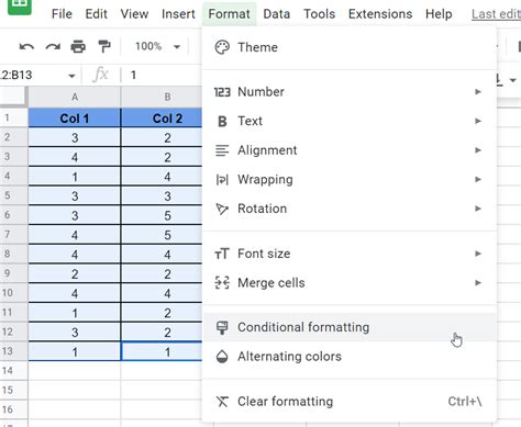 Using conditional formatting to compare columns in Google Sheets