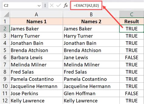 Using IF and EXACT functions to compare text cells in Excel