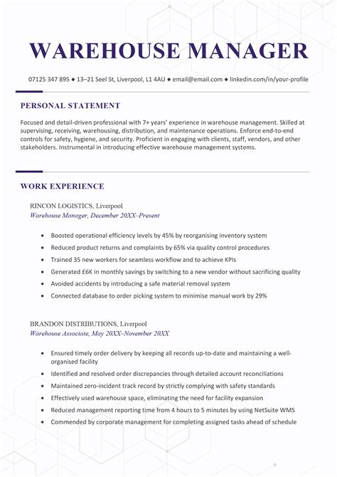 Completed Warehouse Manager Resume Template Example