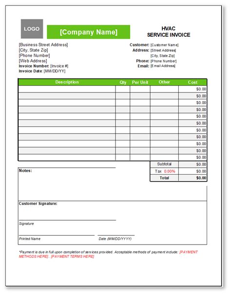 Comprehensive HVAC Invoice Template