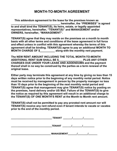 A sample comprehensive month-to-month rental agreement template