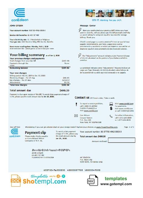 Con Edison Bill Template Sample