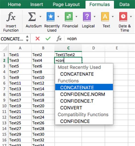 Using the CONCATENATE function in Excel