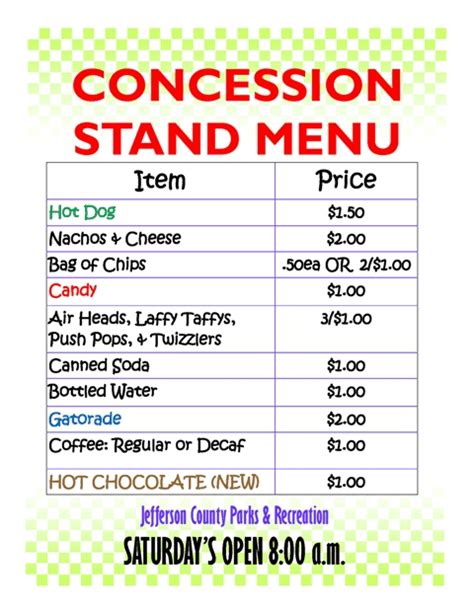 Concession Stand Menu Template Word 2