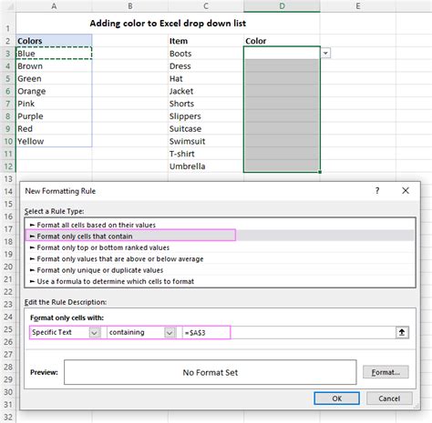 Conditional Formatting for Color Drop Down List in Excel