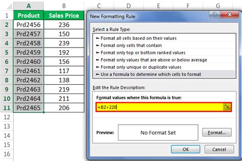 Example of conditional formatting formulas