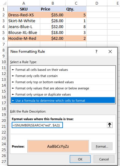 Conditional Formatting ISNUMBER and SEARCH Functions