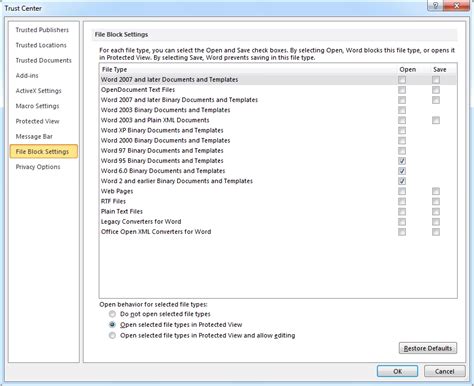 Configure File Block Settings through Excel Options