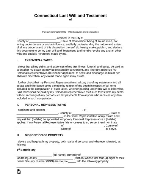 Connecticut Last Will Template Form