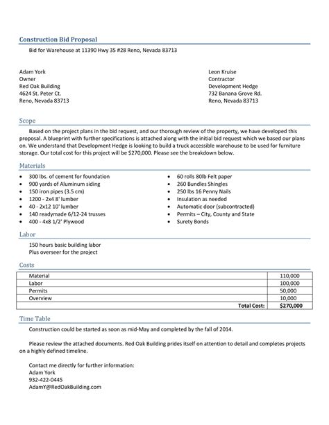 Construction Bid Template with Sample Data