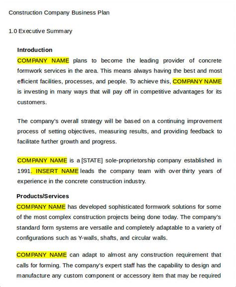 Construction Business Plan Template Example