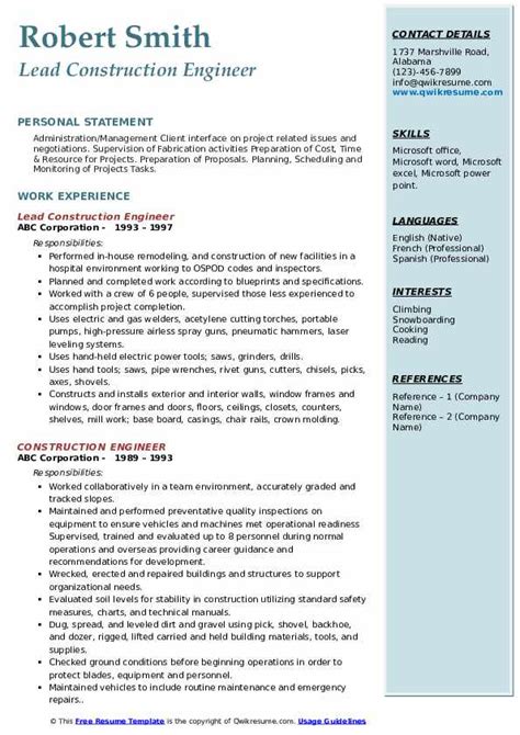 Construction Engineer Resume Template Example