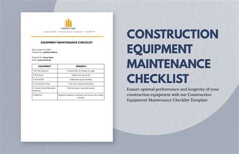 Construction Equipment Maintenance Checklist Template