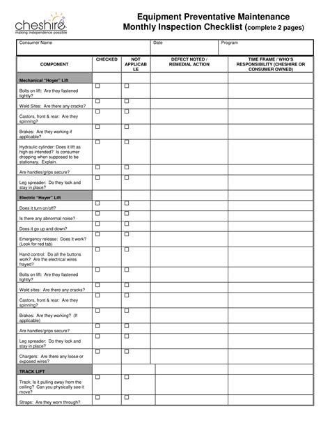 Construction Equipment Maintenance Checklist Template Excel Sample