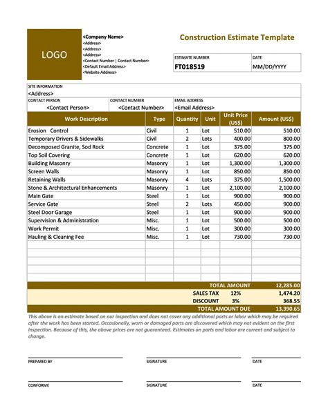 Construction Estimate Template Example