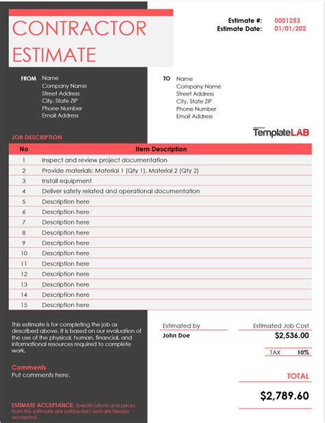 Construction Estimate Template Free