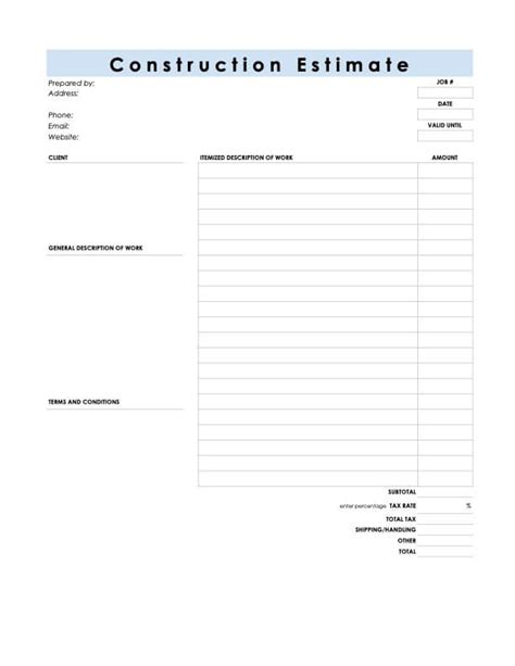 Construction Estimate Template Google Docs