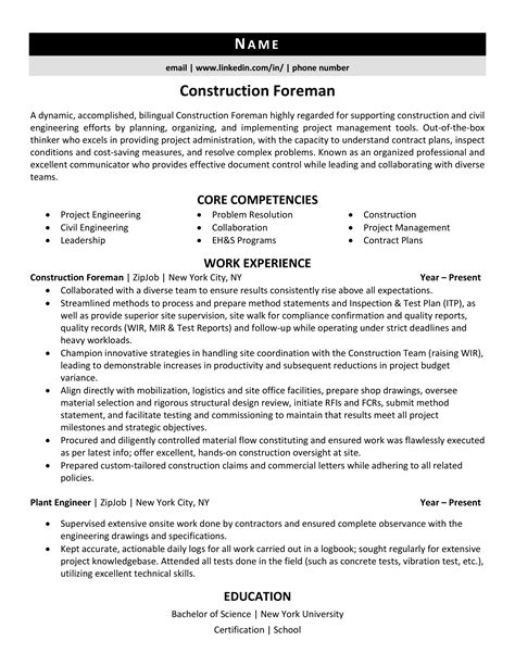 Construction Foreman Resume Template Example