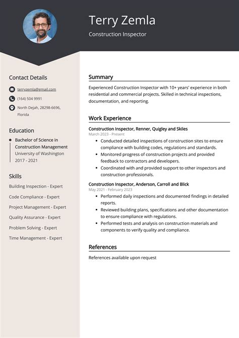 Construction Inspector Resume Template Example