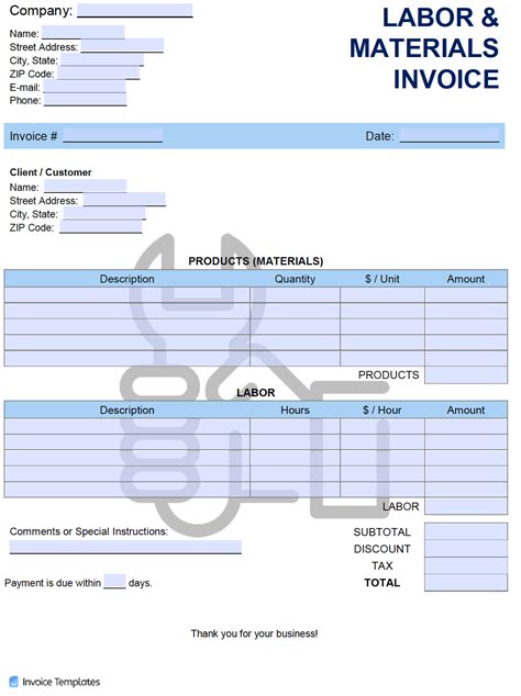 Construction Labor and Material Invoice Template