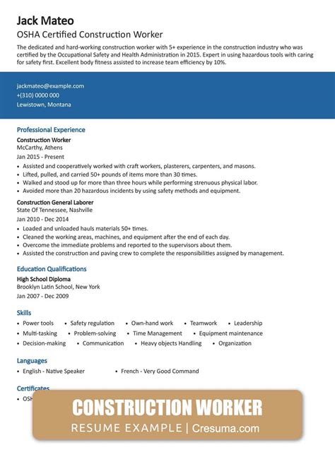 Construction Laborer Resume Example